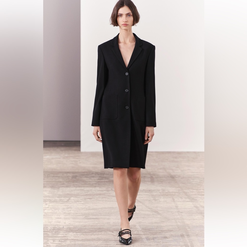 Zara Minimal Tailoring Long frock-style coat Jacket viscose Wool Black XS NWT